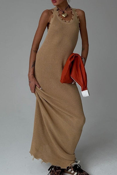 Reina® | Casual simple solid ripped O-neck one-step skirt dresses