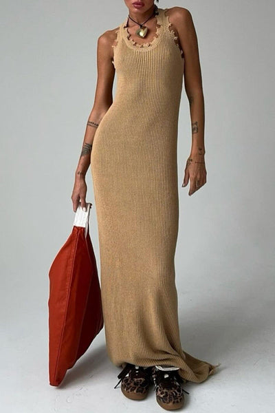 Reina® | Casual simple solid ripped O-neck one-step skirt dresses