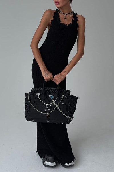 Reina® | Casual simple solid ripped O-neck one-step skirt dresses