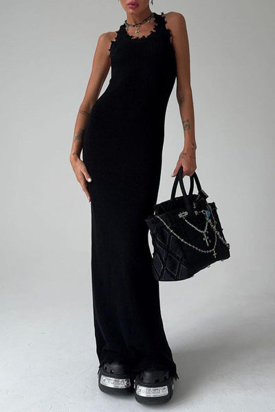 Reina® | Casual simple solid ripped O-neck one-step skirt dresses