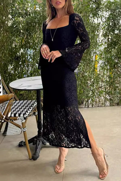 Leonor® | Sexy plain lace dresses with slit and O-neck and one-tier skirt