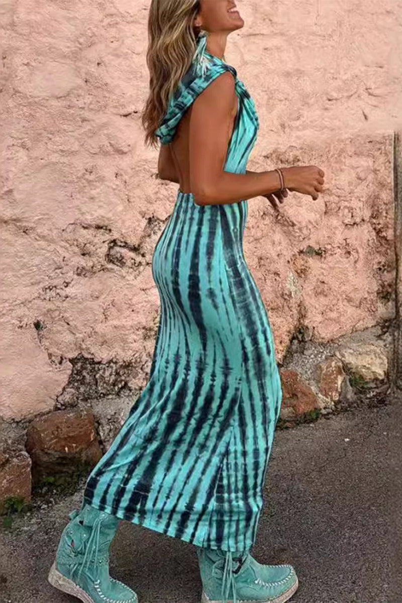 Katherine® | Casual Bohemian Geometric Print Backless Hooded Collar One-Step Skirt Dresses (Without Belt)