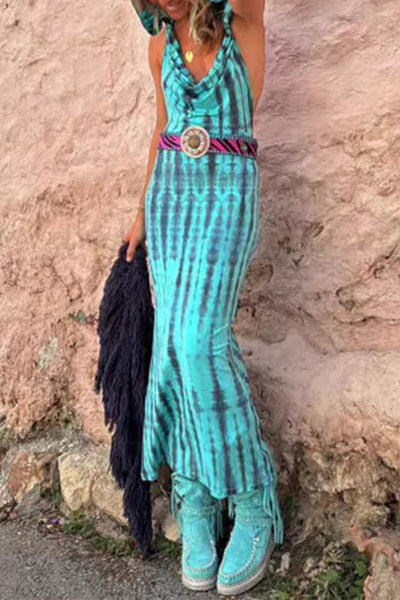 Katherine® | Casual Bohemian Geometric Print Backless Hooded Collar One-Step Skirt Dresses (Without Belt)