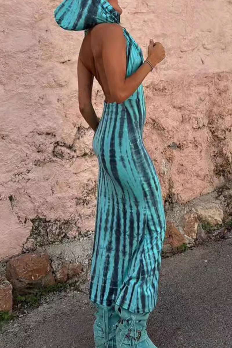 Katherine® | Casual Bohemian Geometric Print Backless Hooded Collar One-Step Skirt Dresses (Without Belt)