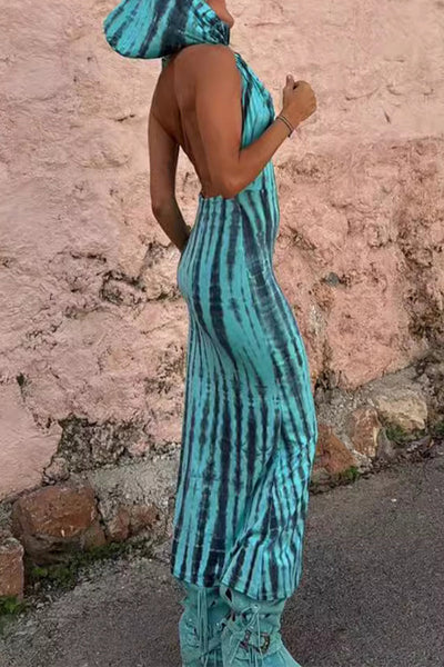 Katherine® | Casual Bohemian Geometric Print Backless Hooded Collar One-Step Skirt Dresses (Without Belt)