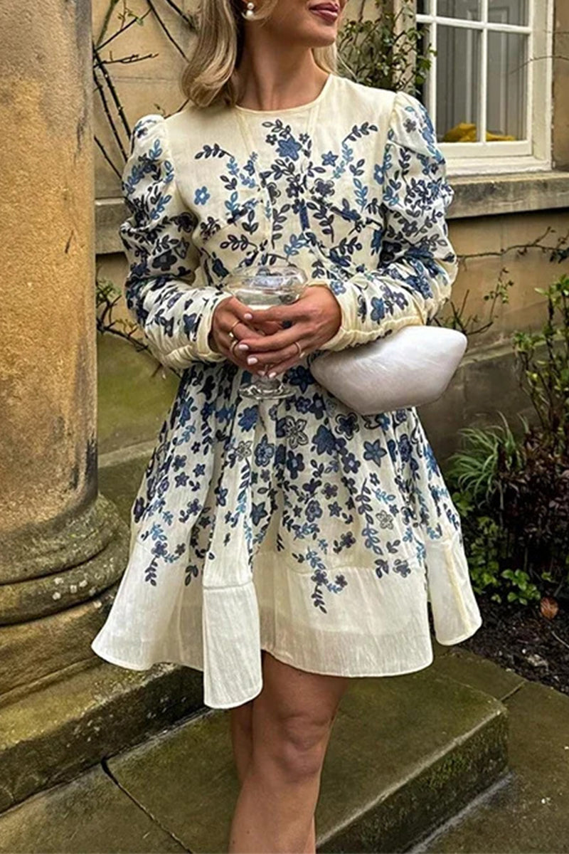 Emilia® | Elegant printed leaf patchwork o-neck A-line dresses