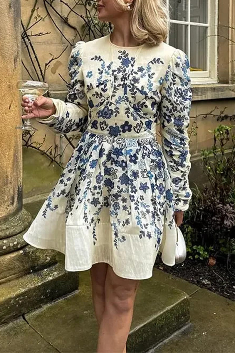 Emilia® | Elegant printed leaf patchwork o-neck A-line dresses