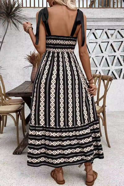 Yesenia® | Casual elegant geometric striped bandage contrast sling dresses with square collar