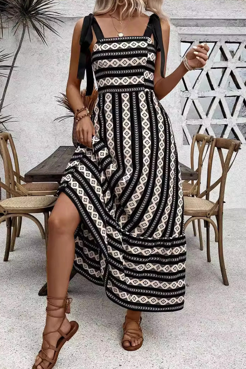 Yesenia® | Casual elegant geometric striped bandage contrast sling dresses with square collar