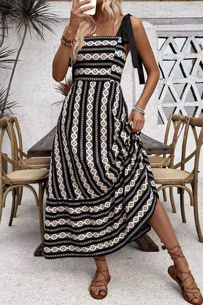 Yesenia® | Casual elegant geometric striped bandage contrast sling dresses with square collar