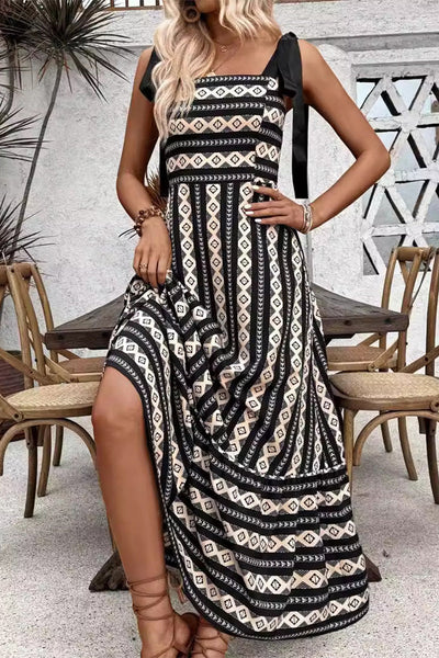 Yesenia® | Casual elegant geometric striped bandage contrast sling dresses with square collar