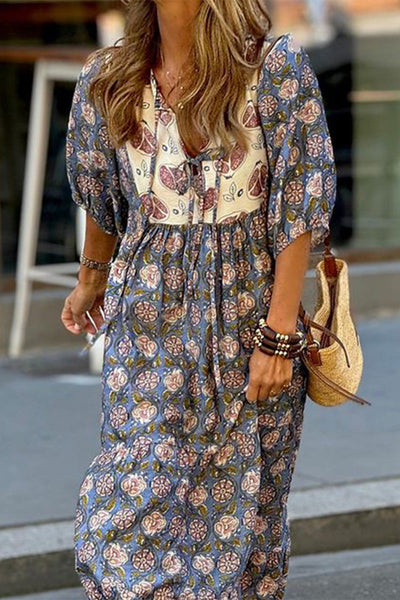 Rita® | Bohemian print, floral, patchwork, three-dimensional pattern, turn-down collar, A-line dresses