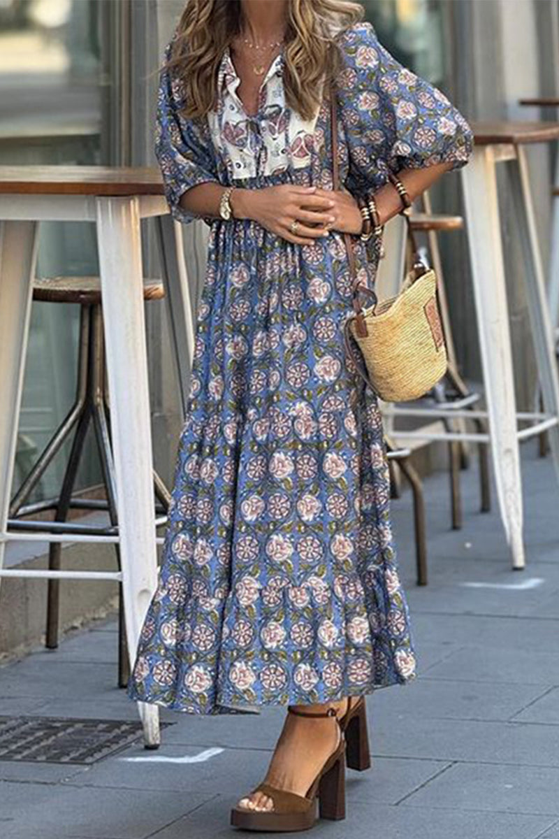 Rita® | Bohemian print, floral, patchwork, three-dimensional pattern, turn-down collar, A-line dresses
