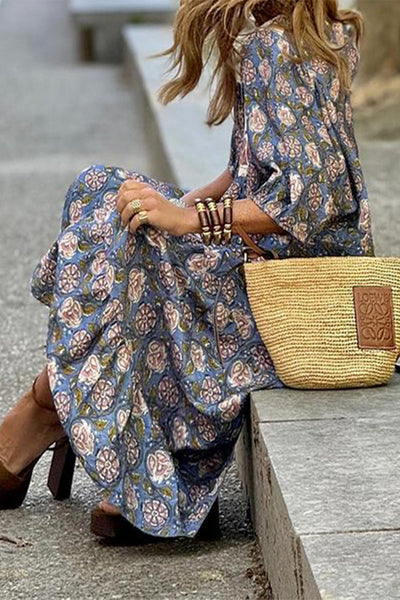 Rita® | Bohemian print, floral, patchwork, three-dimensional pattern, turn-down collar, A-line dresses