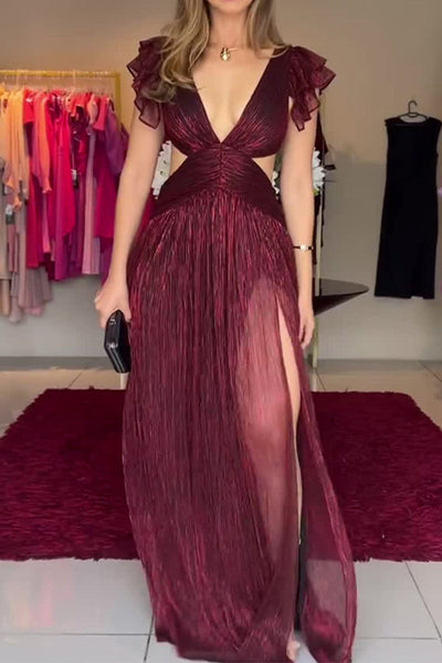 Liliana® | Sexy solid color pleated A-line dresses with V-neck and slit