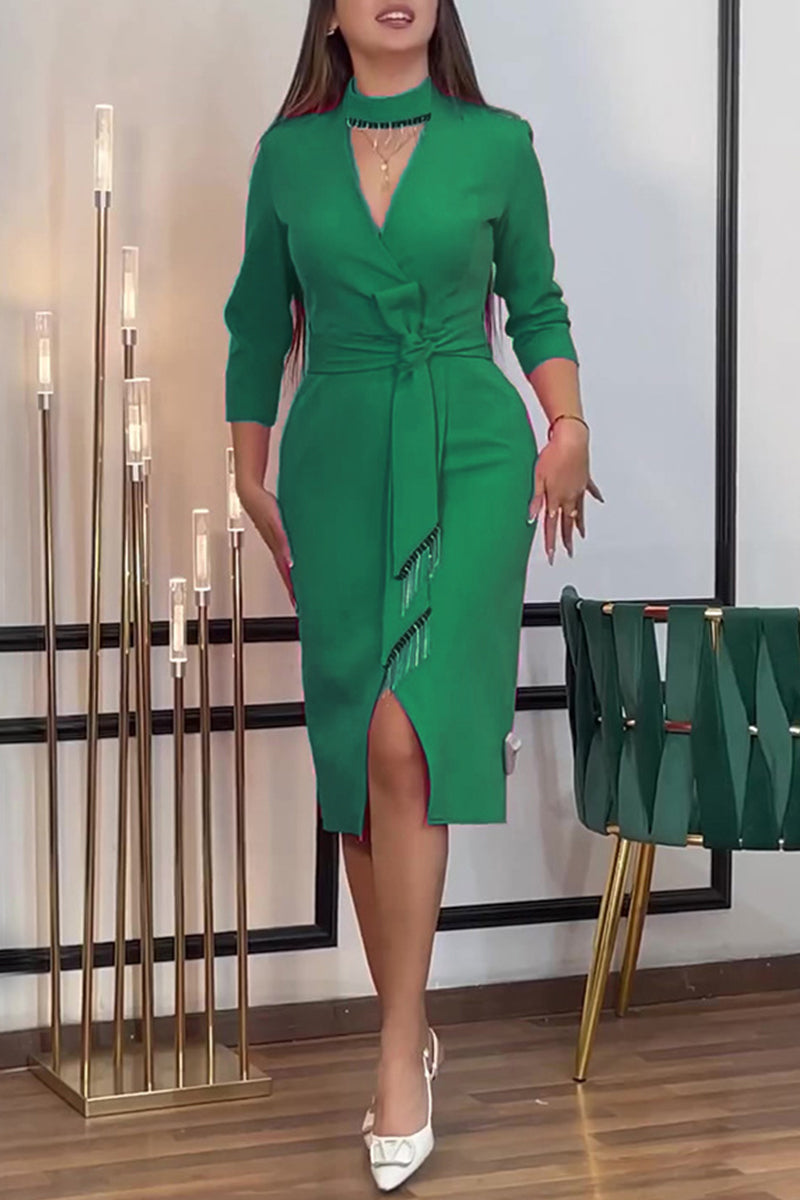 Yessica® | Elegant solid color irregular dresses with hollow out slit and half turtleneck