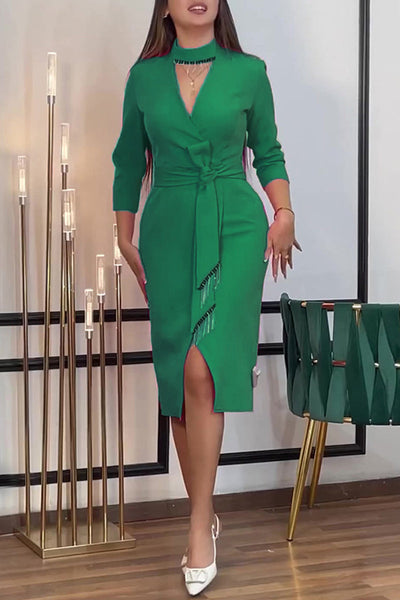 Yessica® | Elegant solid color irregular dresses with hollow out slit and half turtleneck