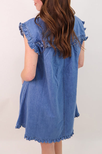 Harriet® | Casual daily solid color ruffled shirt collar short sleeve denim dresses with pockets and distressed ruffles