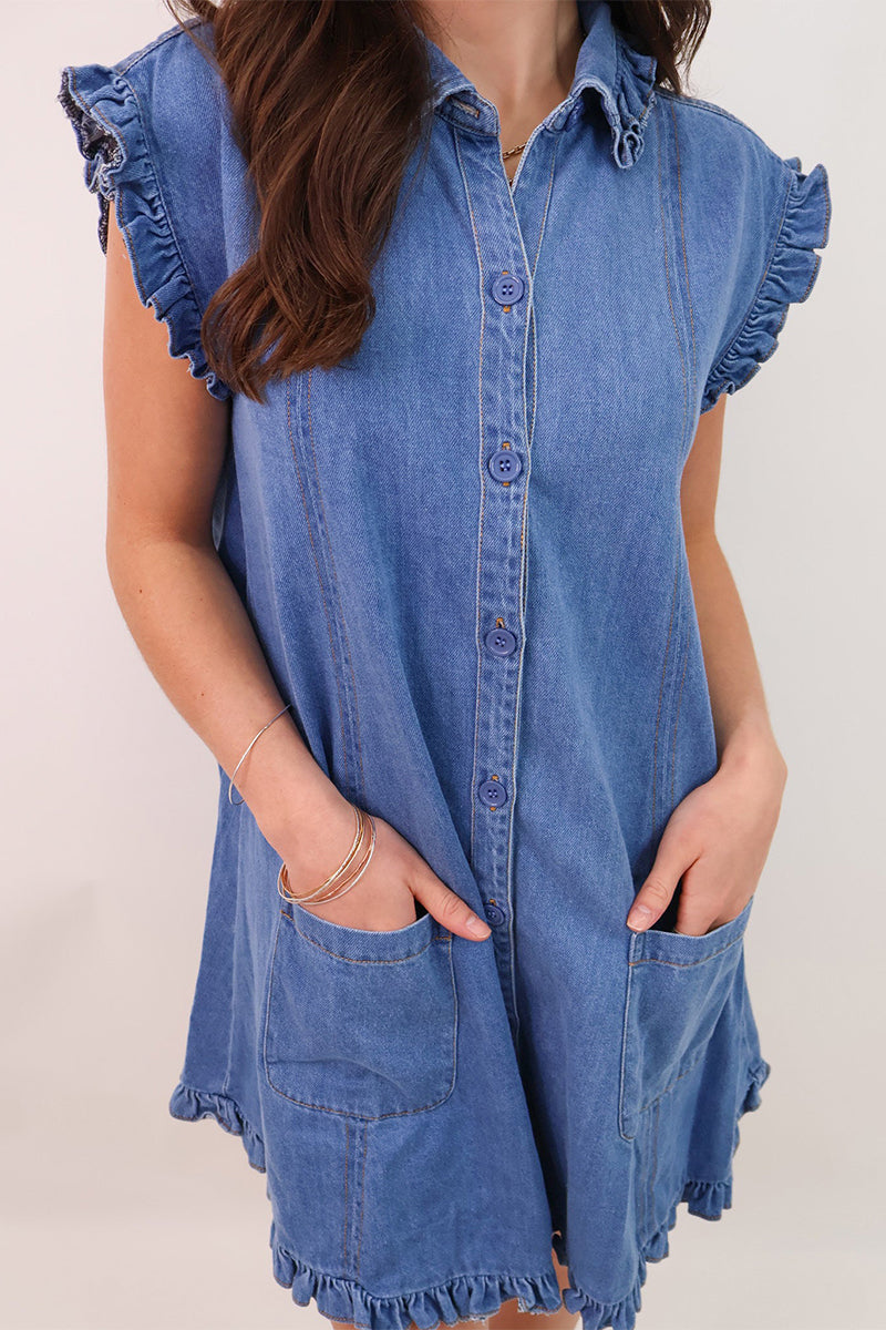 Harriet® | Casual daily solid color ruffled shirt collar short sleeve denim dresses with pockets and distressed ruffles