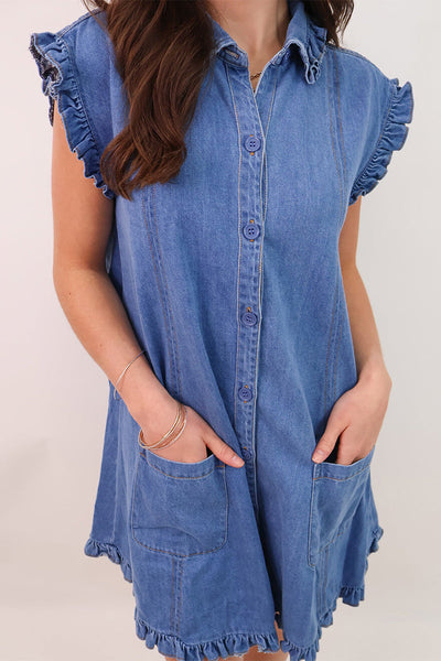 Harriet® | Casual daily solid color ruffled shirt collar short sleeve denim dresses with pockets and distressed ruffles