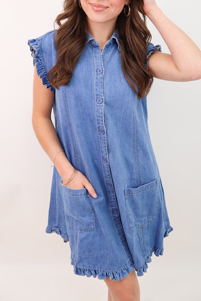 Harriet® | Casual daily solid color ruffled shirt collar short sleeve denim dresses with pockets and distressed ruffles