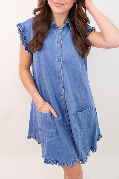Harriet® | Casual daily solid color ruffled shirt collar short sleeve denim dresses with pockets and distressed ruffles