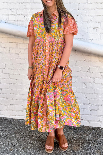 Geraldine® | Casual daily A-line dresses with floral print and buckle, turn-down collar
