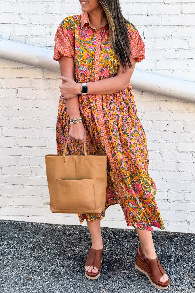 Geraldine® | Casual daily A-line dresses with floral print and buckle, turn-down collar