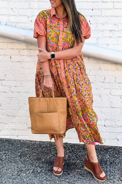 Geraldine® | Casual daily A-line dresses with floral print and buckle, turn-down collar