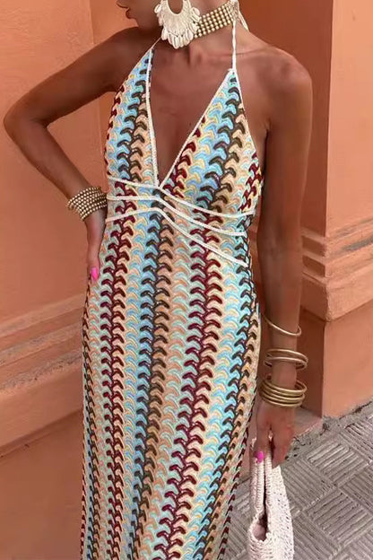 Brenda® | Sexy color block lace-up dresses with backless contrast V-neck and single tier skirt