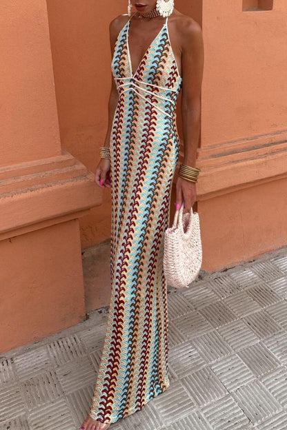 Brenda® | Sexy color block lace-up dresses with backless contrast V-neck and single tier skirt