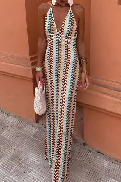 Brenda® | Sexy color block lace-up dresses with backless contrast V-neck and single tier skirt