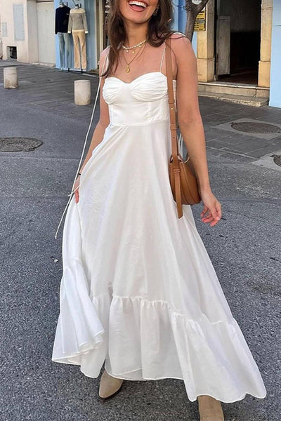 Paty® | Casual daily solid color lace-up ruffle sling dresses with ruffle hem and V-neck