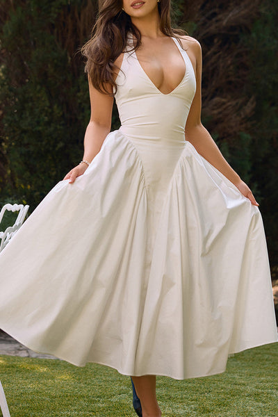 Ileana® | Casual solid color sleeveless dresses with ruffles and halter neck