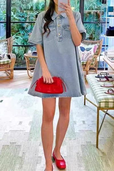 Cecilia® | Casual, daily, solid color buttons, turn-down collar, short sleeves, loose denim dresses