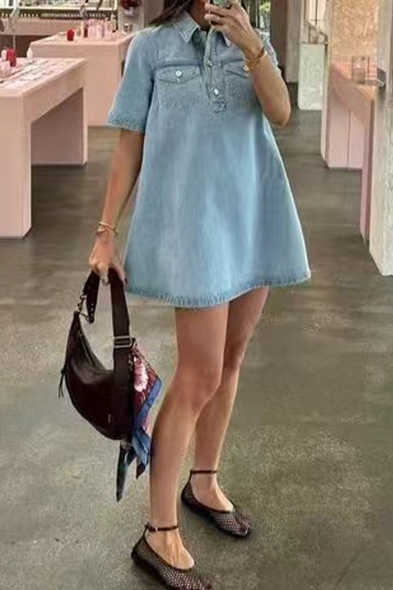 Cecilia® | Casual, daily, solid color buttons, turn-down collar, short sleeves, loose denim dresses