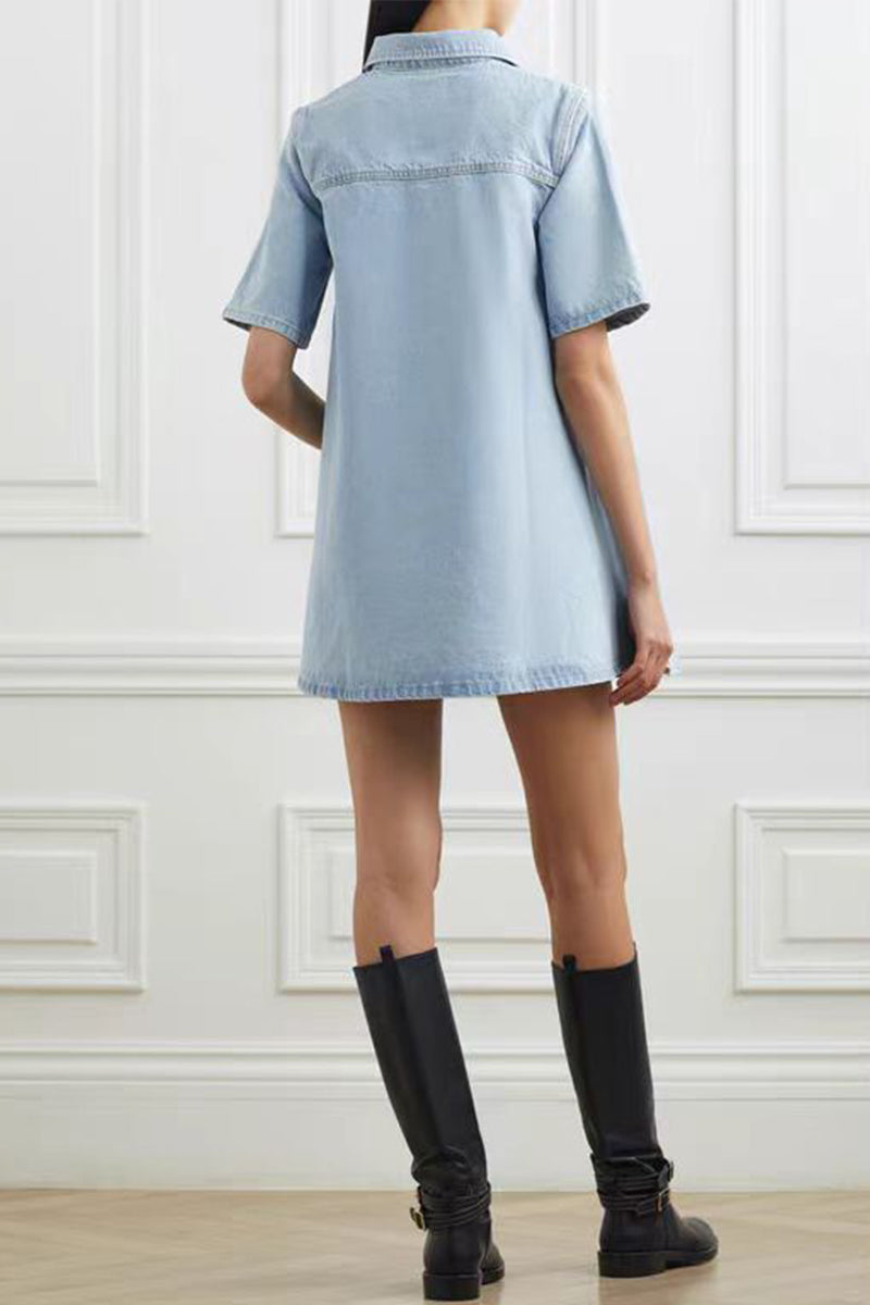 Cecilia® | Casual, daily, solid color buttons, turn-down collar, short sleeves, loose denim dresses