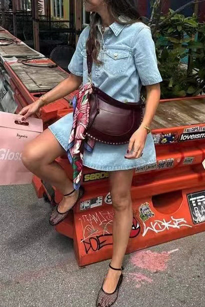 Cecilia® | Casual, daily, solid color buttons, turn-down collar, short sleeves, loose denim dresses