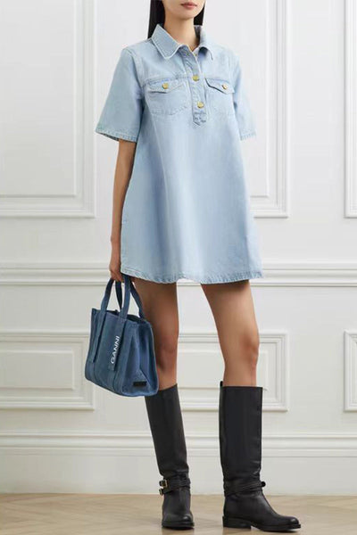 Cecilia® | Casual, daily, solid color buttons, turn-down collar, short sleeves, loose denim dresses