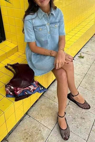 Cecilia® | Casual, daily, solid color buttons, turn-down collar, short sleeves, loose denim dresses