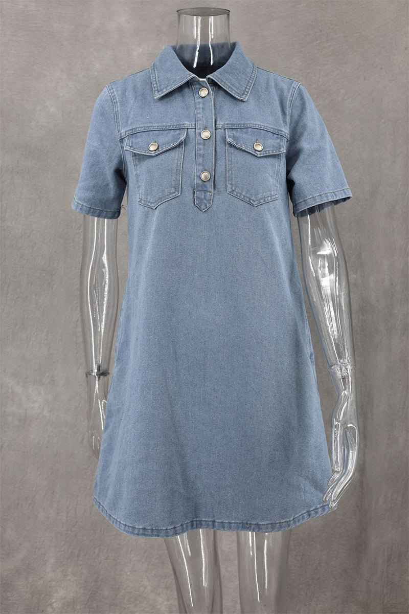 Cecilia® | Casual, daily, solid color buttons, turn-down collar, short sleeves, loose denim dresses