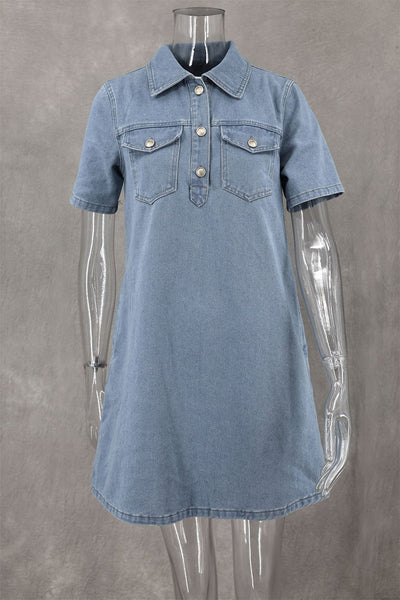 Cecilia® | Casual, daily, solid color buttons, turn-down collar, short sleeves, loose denim dresses