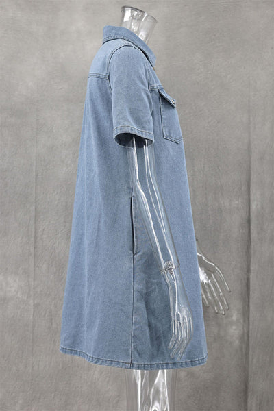 Cecilia® | Casual, daily, solid color buttons, turn-down collar, short sleeves, loose denim dresses