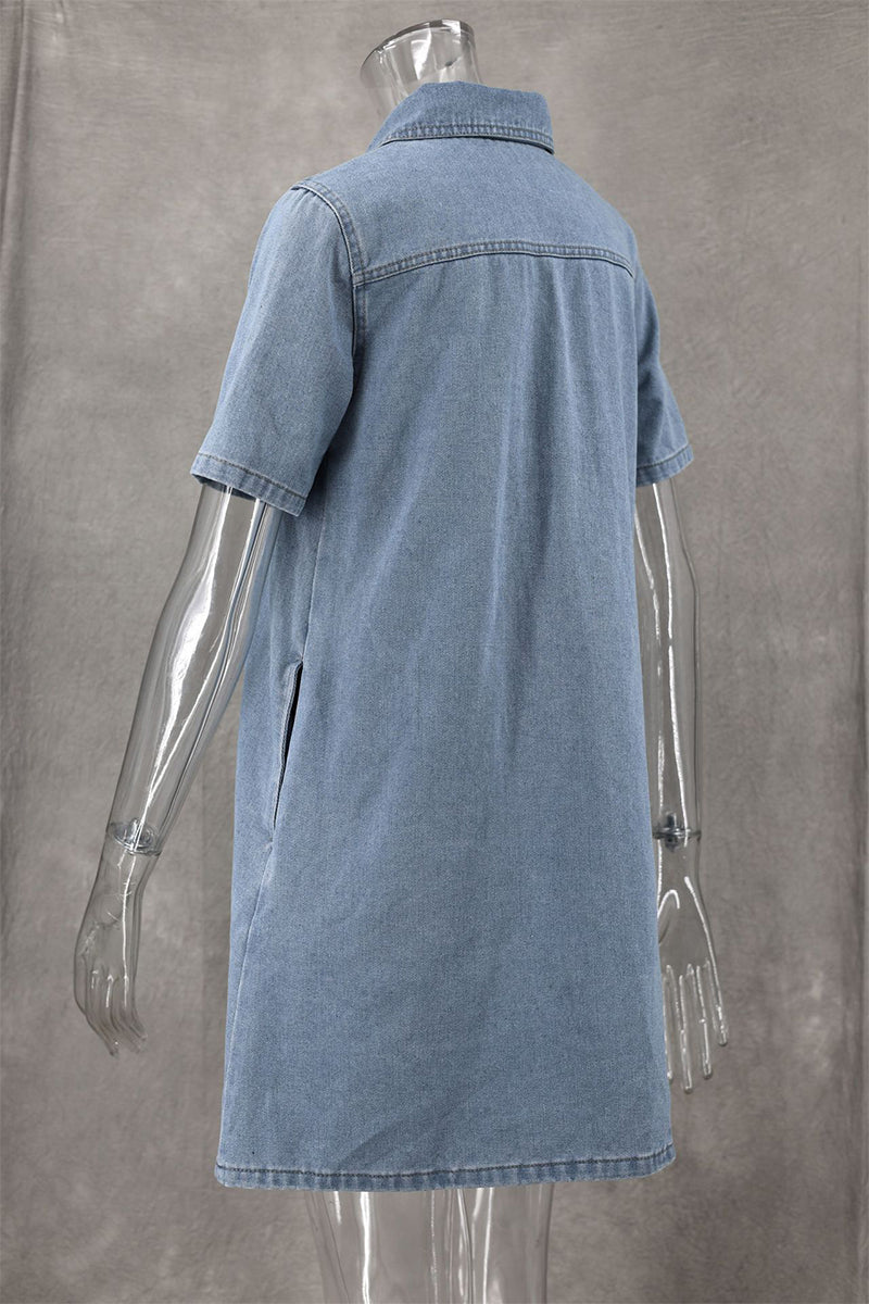 Cecilia® | Casual, daily, solid color buttons, turn-down collar, short sleeves, loose denim dresses