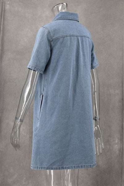 Cecilia® | Casual, daily, solid color buttons, turn-down collar, short sleeves, loose denim dresses