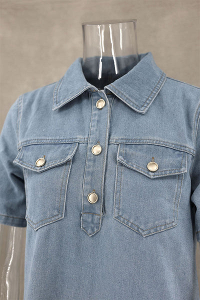 Cecilia® | Casual, daily, solid color buttons, turn-down collar, short sleeves, loose denim dresses