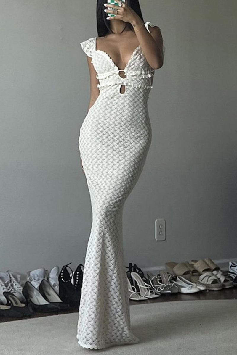 Irene® | Sexy solid color hollow out backless one tier V-neck lace-up skirt dresses