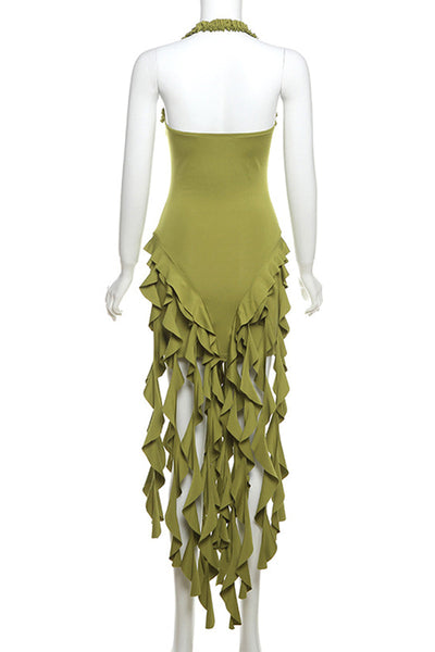 Hana® | Sexy solid color backless ruffles, irregular hem, halter neck, irregular dresses