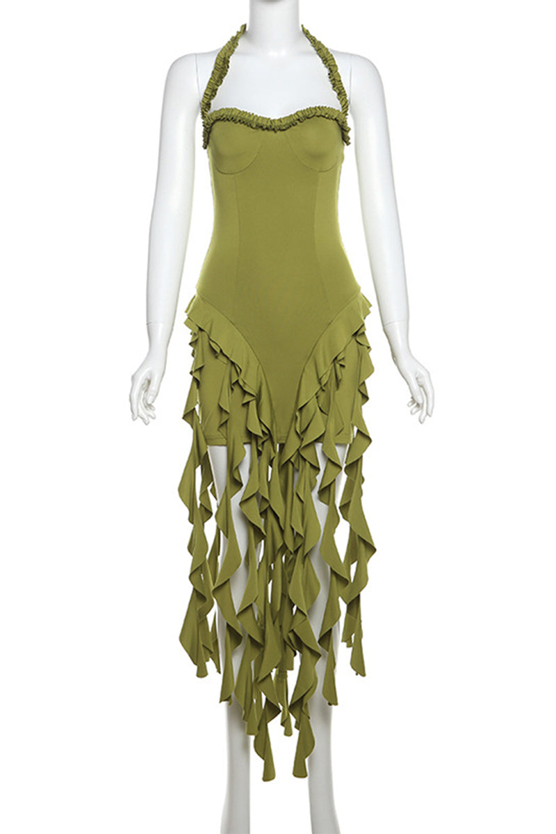Hana® | Sexy solid color backless ruffles, irregular hem, halter neck, irregular dresses