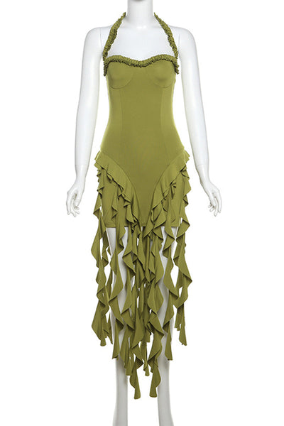 Hana® | Sexy solid color backless ruffles, irregular hem, halter neck, irregular dresses